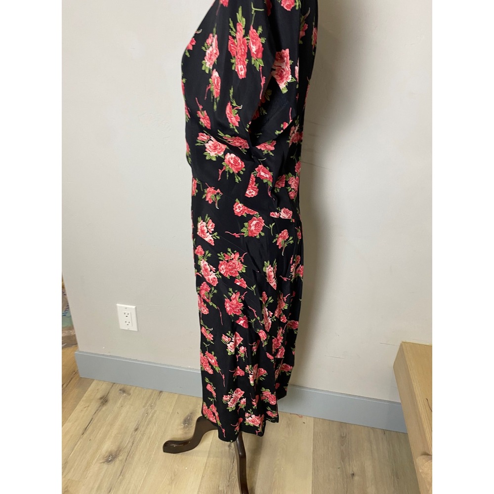 Vintage 80s 90s Floral Rose Mock Neck Midi Dress Black Red Tiered Hip Detail - Picture 6 of 12
